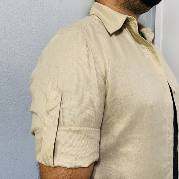 Lauren Ralph Lauren Men 100% Linen Convertible Long Sleeve Light Yellow Shirt L - Picture 2 of 10